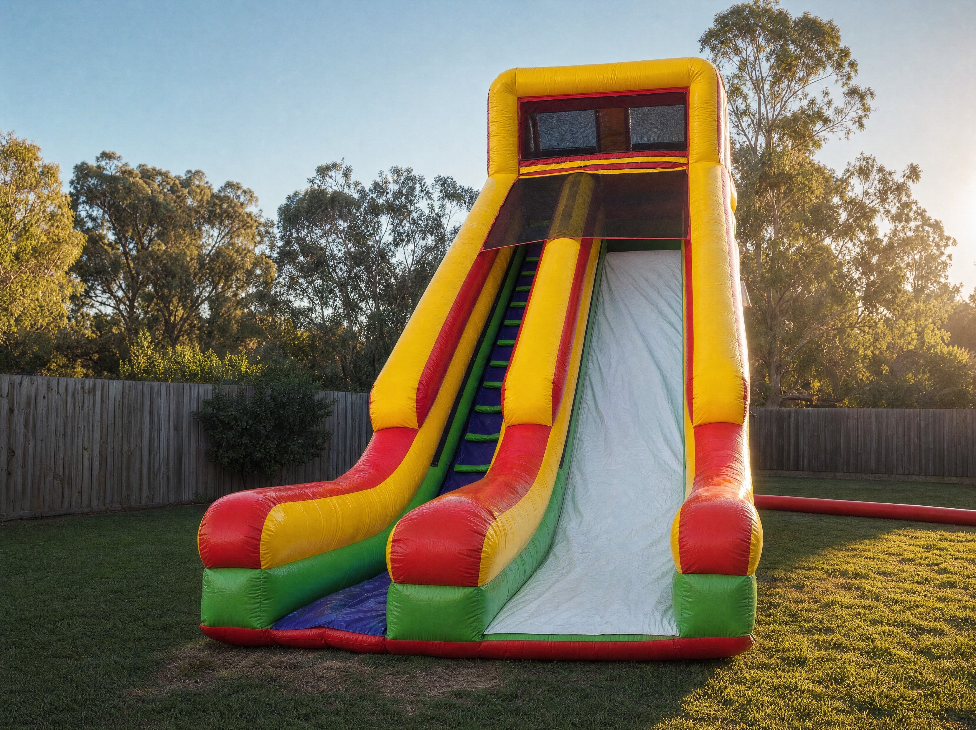 Wide landscape view of the eight metre Commander dry slide in a Central Coast backyard at golden hour