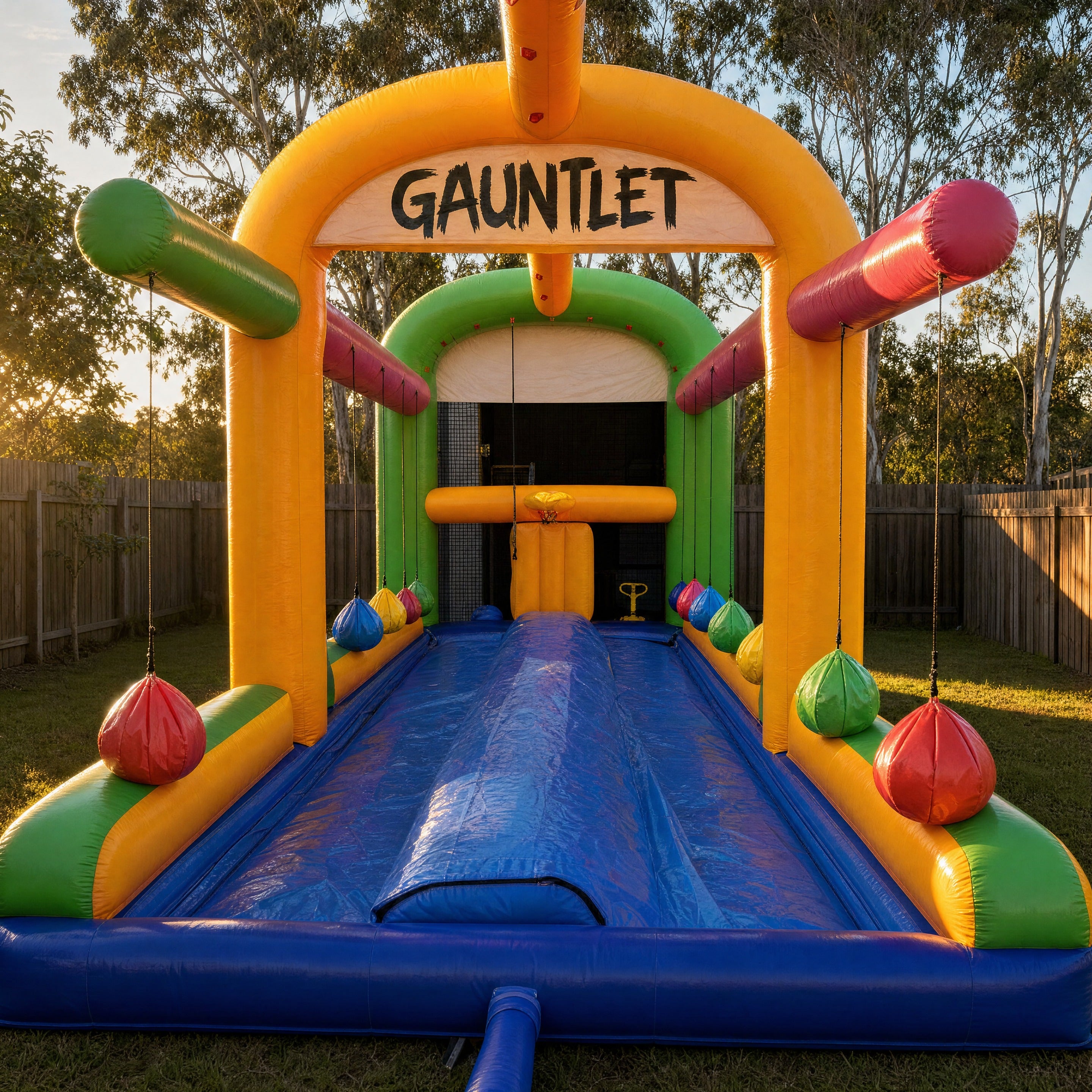 Straight on view of The Gauntlet inflatable entrance archway with printed banner