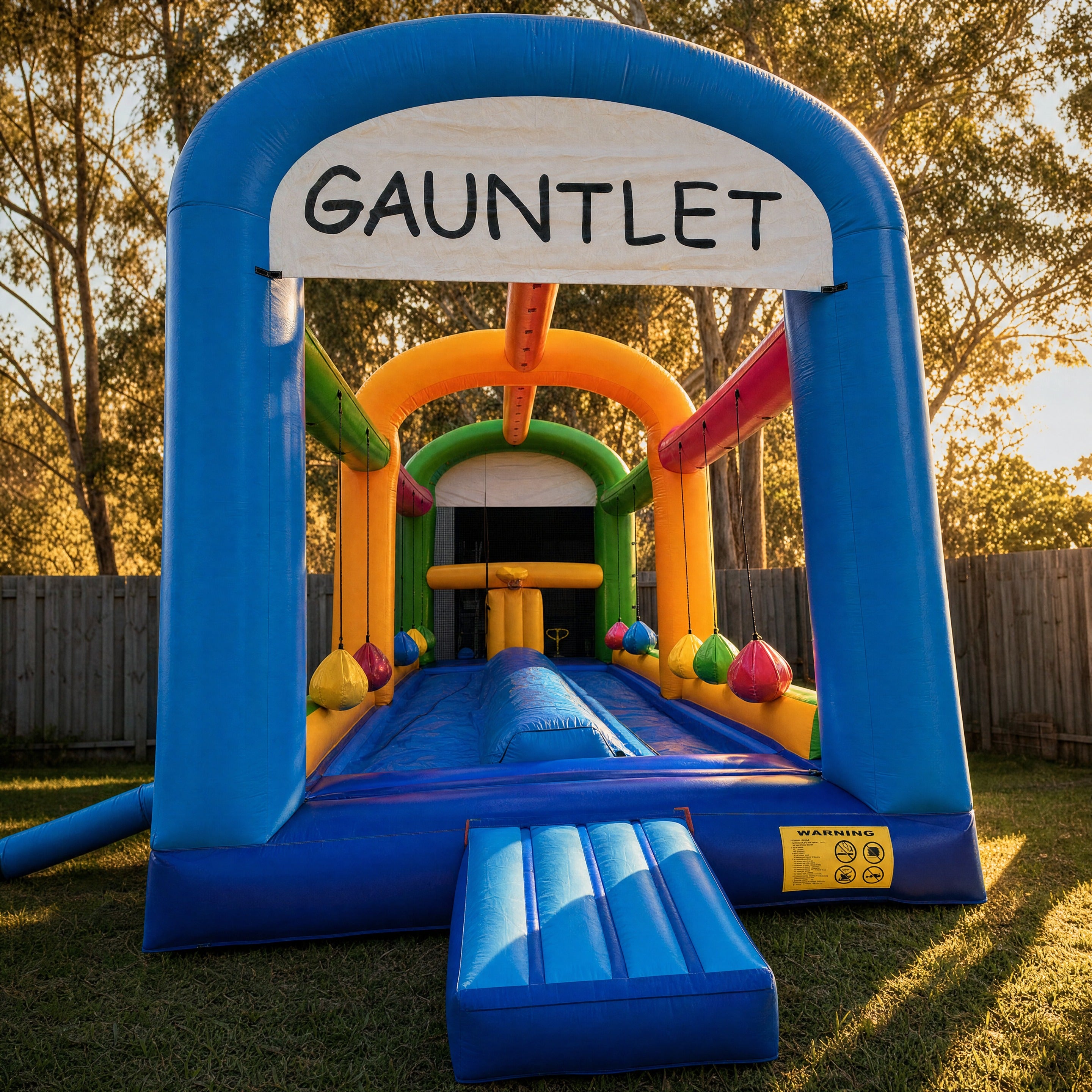 The Gauntlet inflatable obstacle course set up in a backyard on the Central Coast