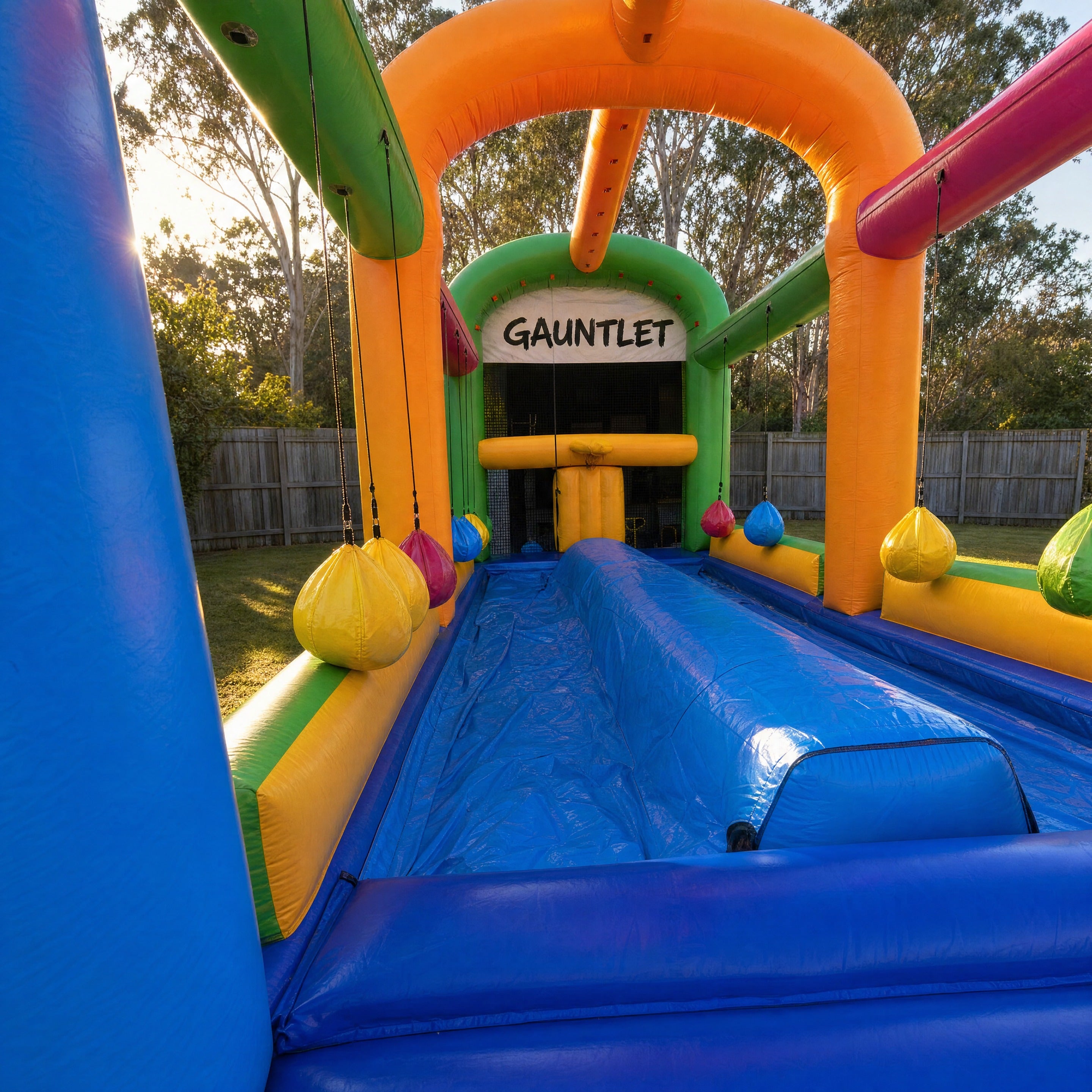 Interior view down the length of The Gauntlet inflatable obstacle course