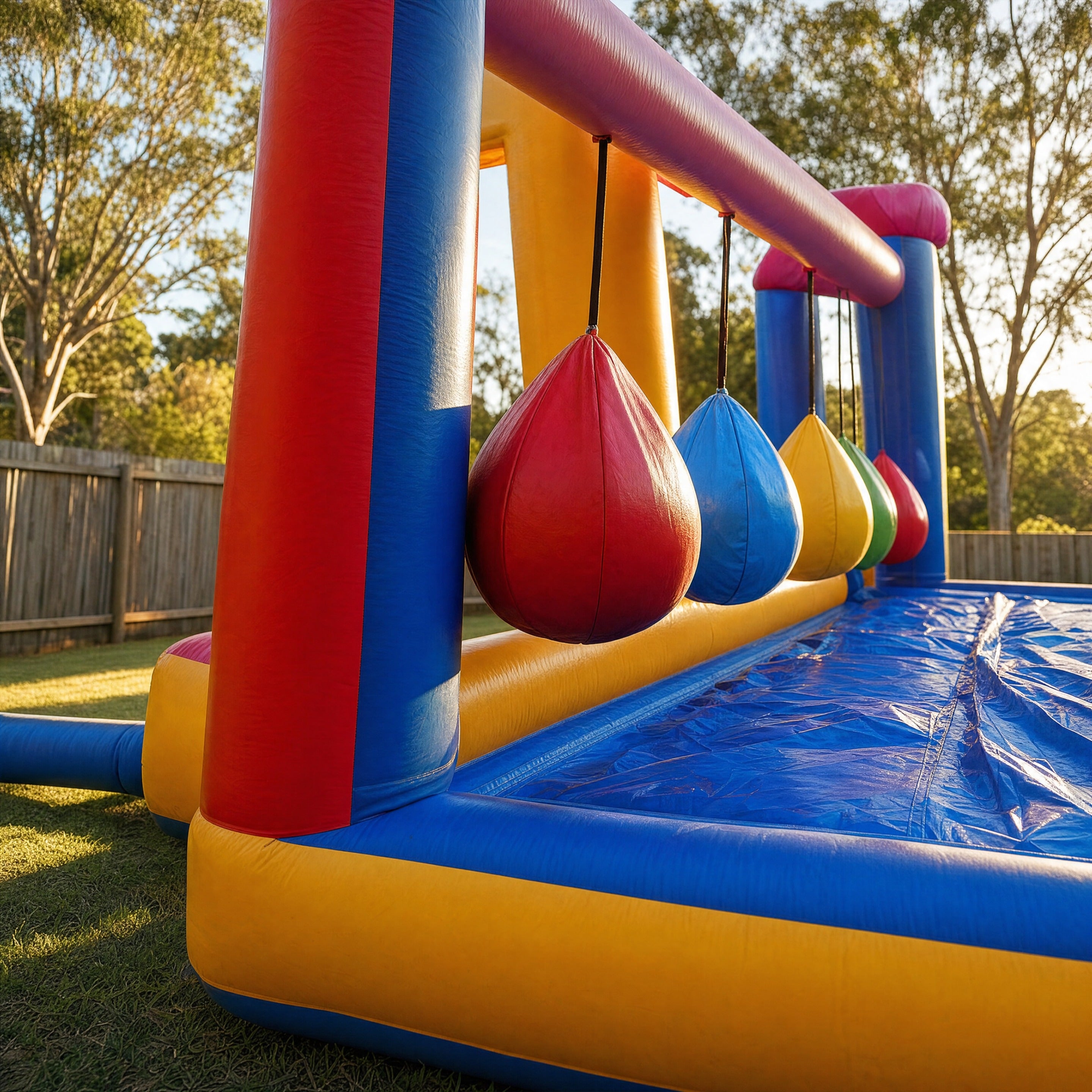 Low close angle on hanging punch bag obstacles on The Gauntlet inflatable course