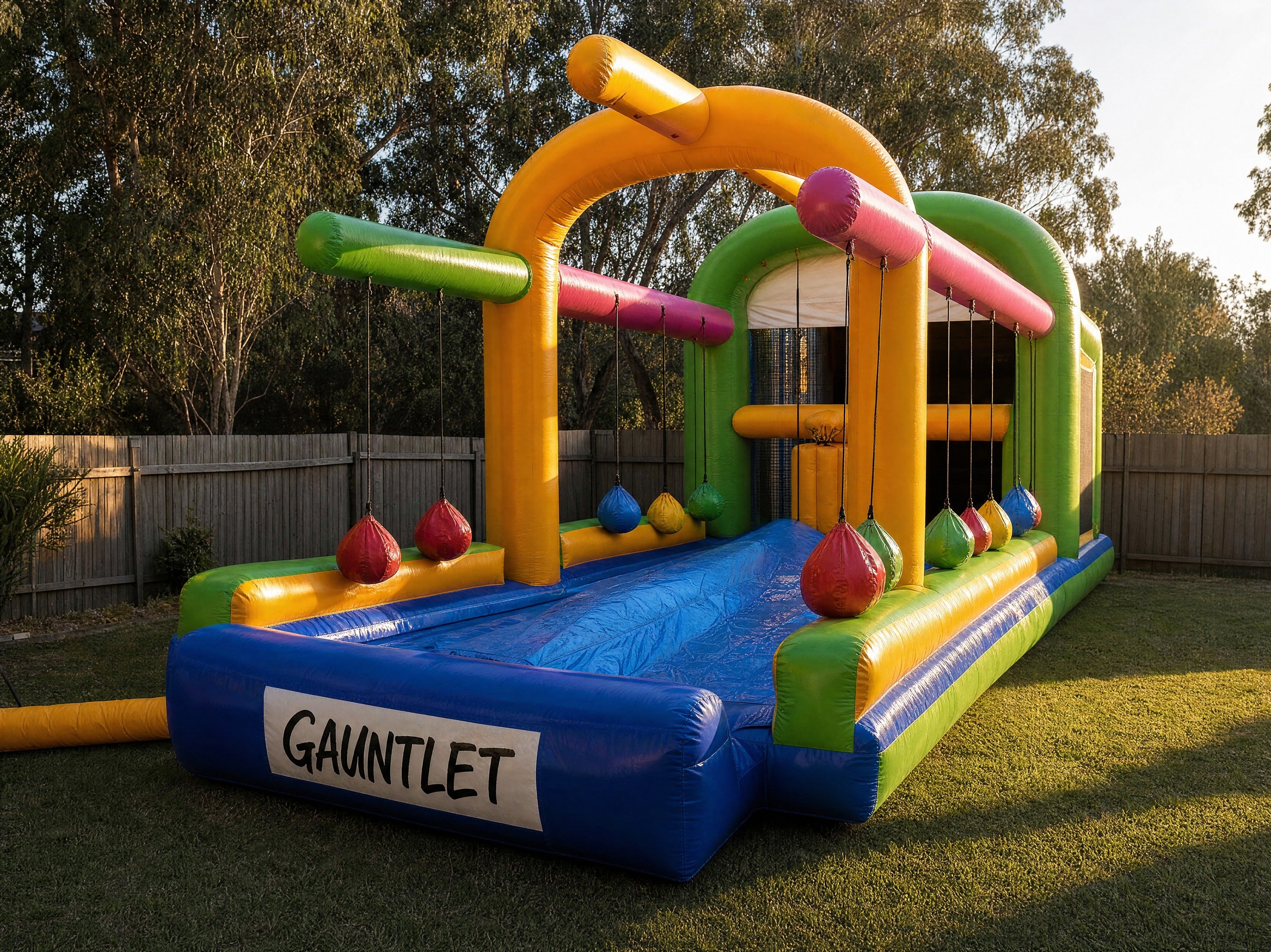 Angled wide shot of The Gauntlet obstacle course receding down a backyard
