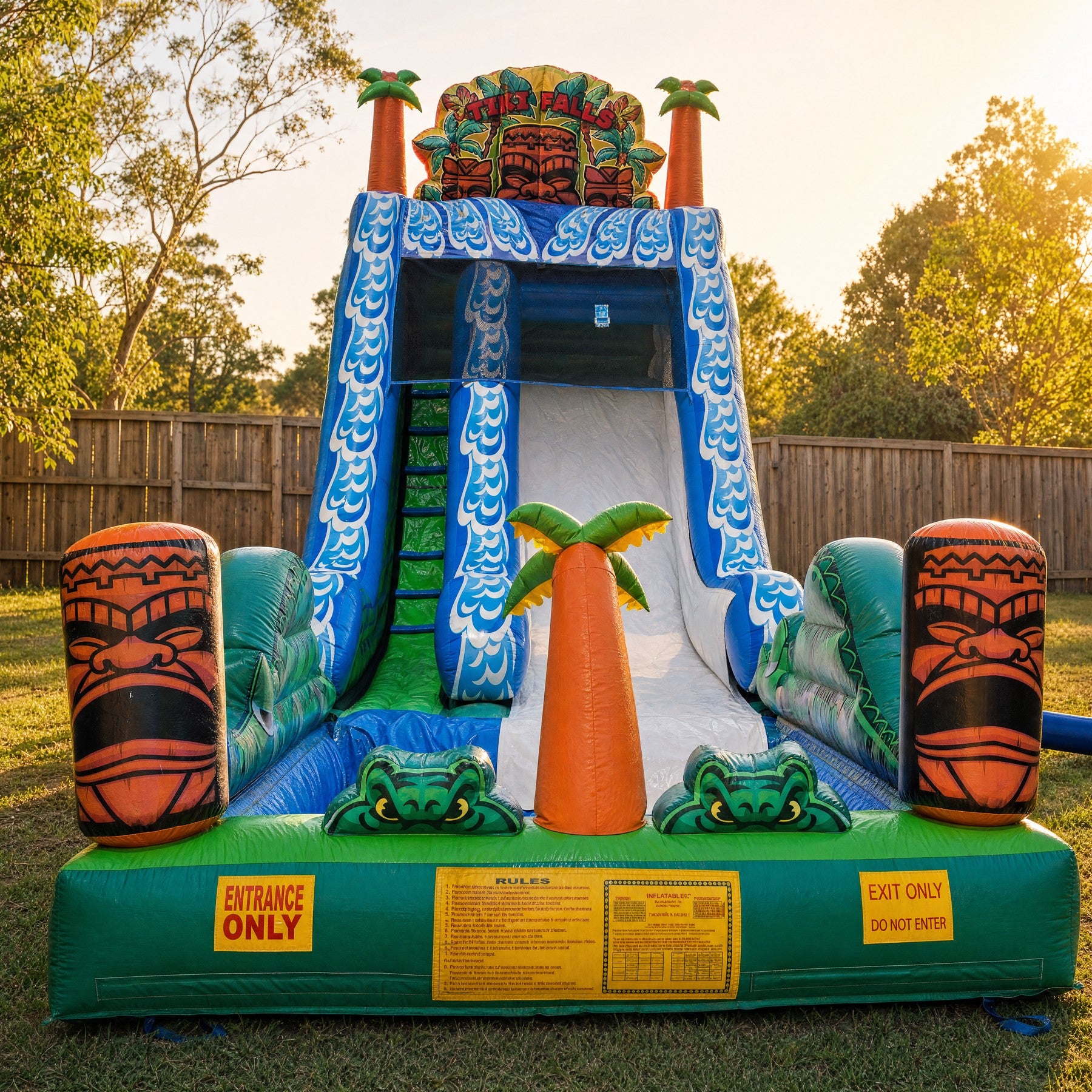 Tiki Falls Water Slide with Pool set up in a Central Coast backyard, front view showing the tiki mask topper