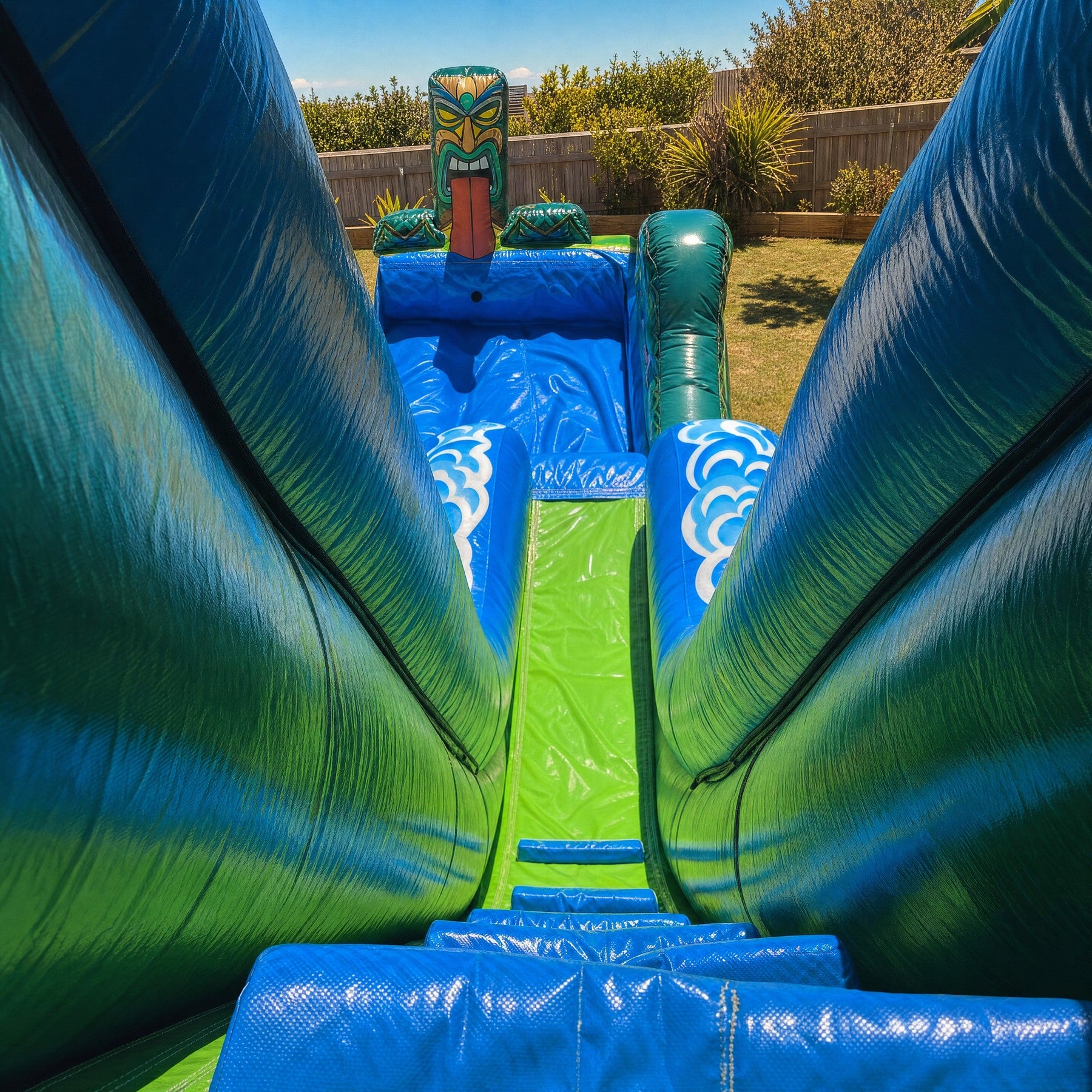 View down the slide chute on the Tiki Falls Water Slide with Pool