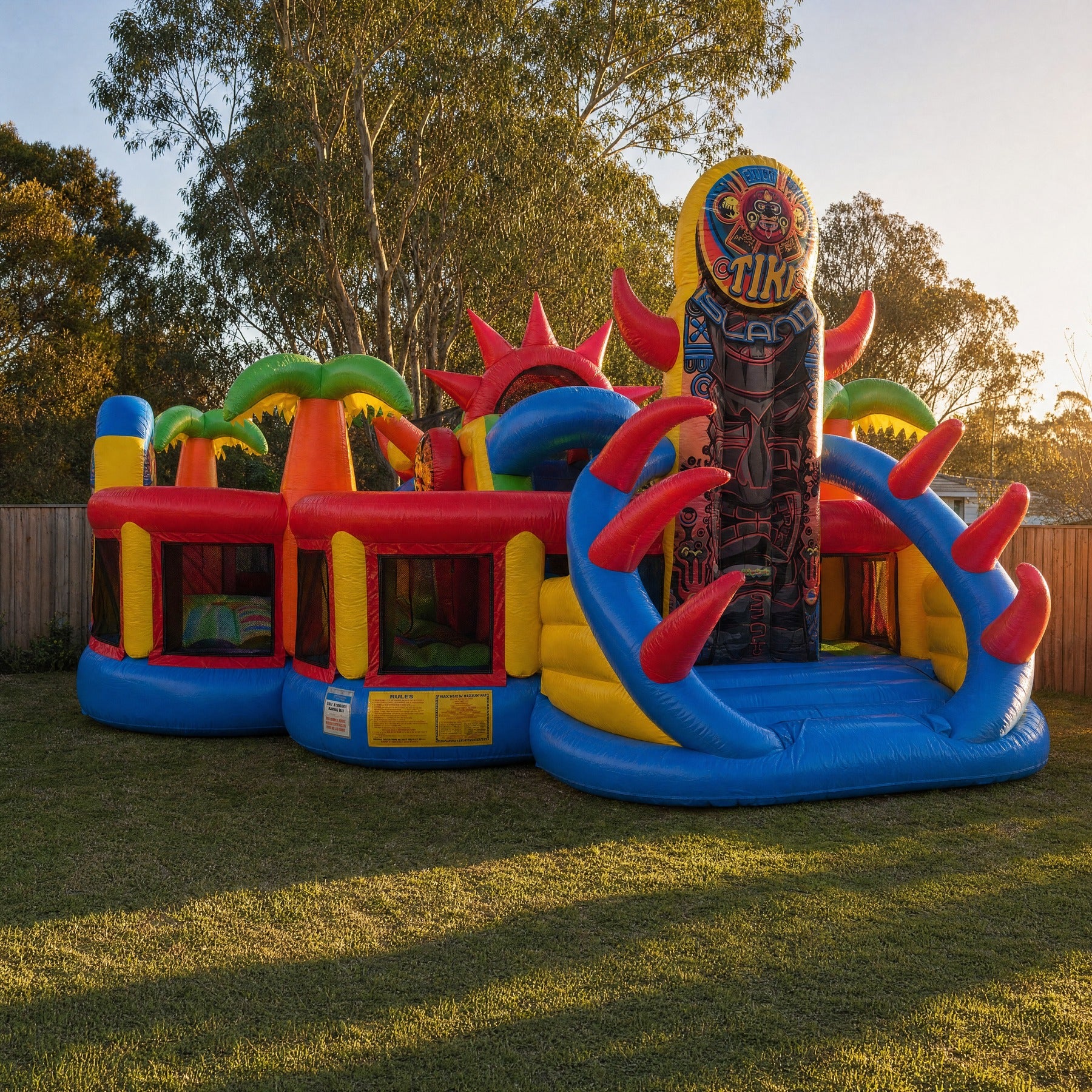 Straight on view of the Tiki Island inflatable obstacle course entrance bays