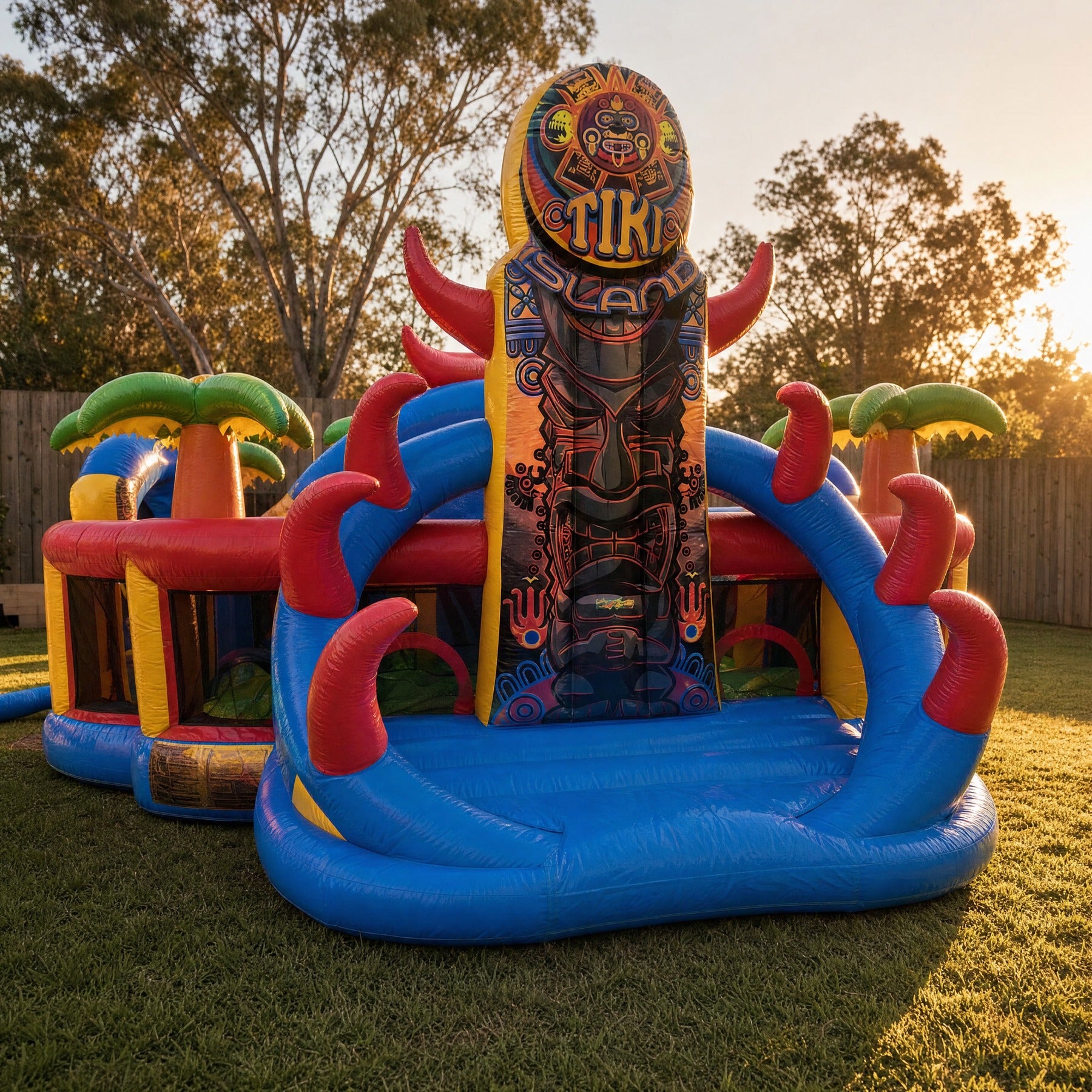 Tiki Island inflatable obstacle course set up in a backyard on the Central Coast