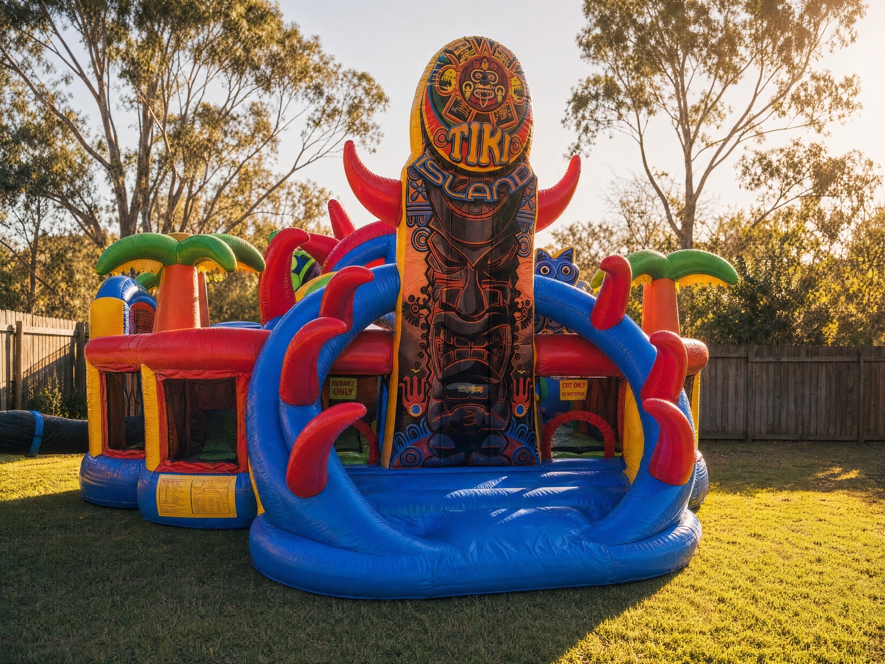 Wide view of the Tiki Island inflatable obstacle course in a Central Coast backyard