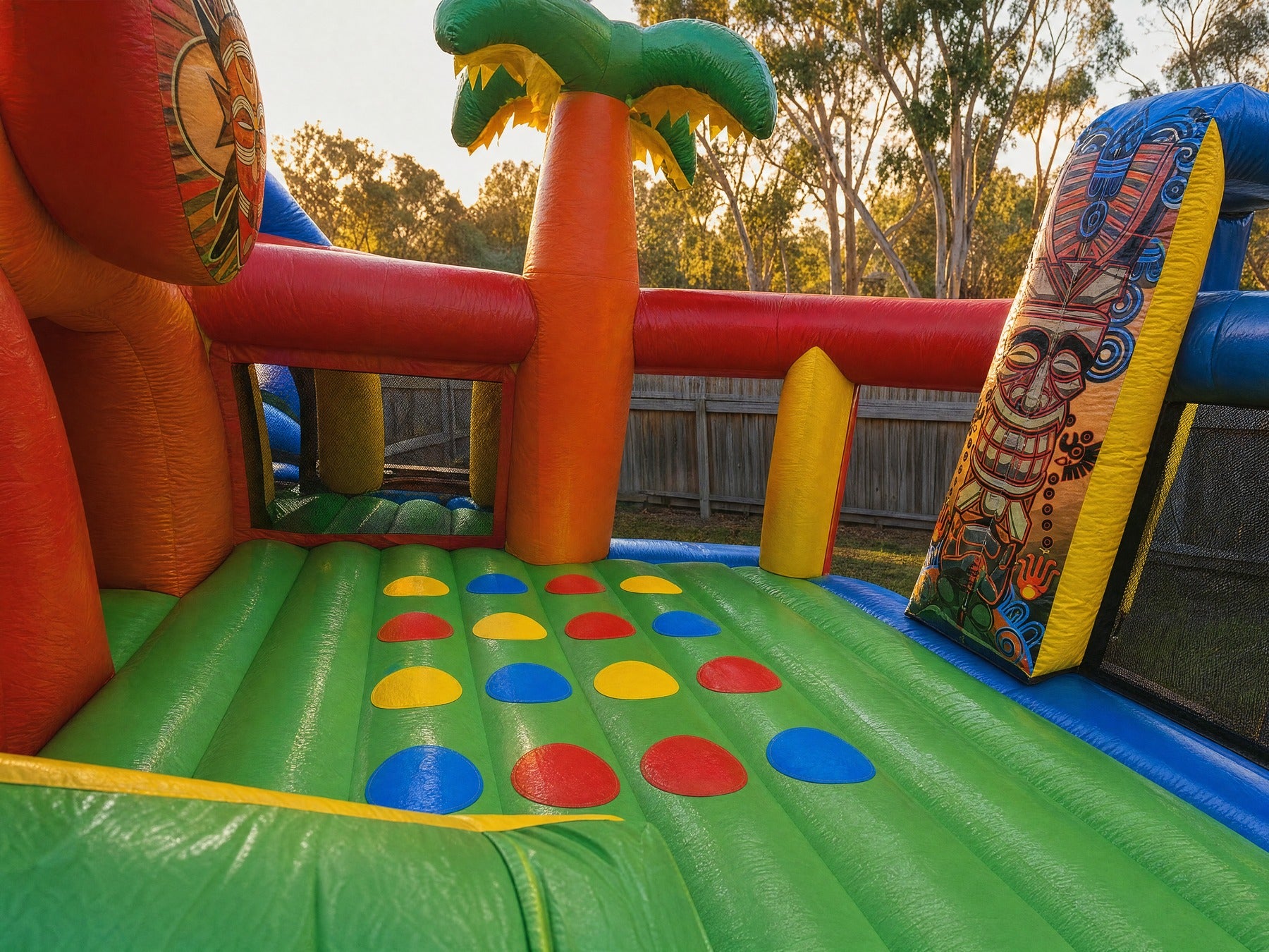 Interior three-quarter view of the Tiki Island inflatable obstacle course