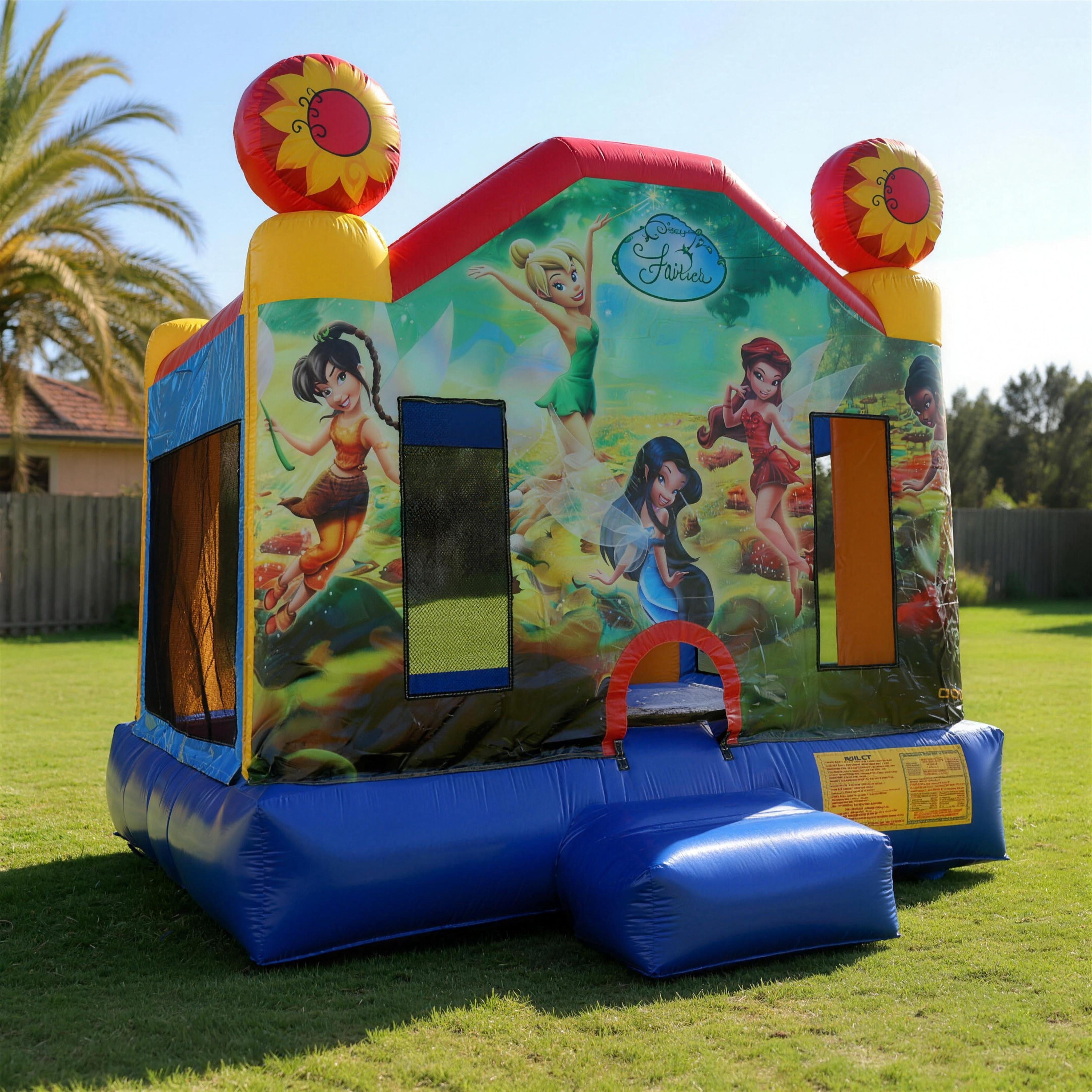 Tinkerbell Jumping Castle Hire front three-quarter view on backyard grass Central Coast