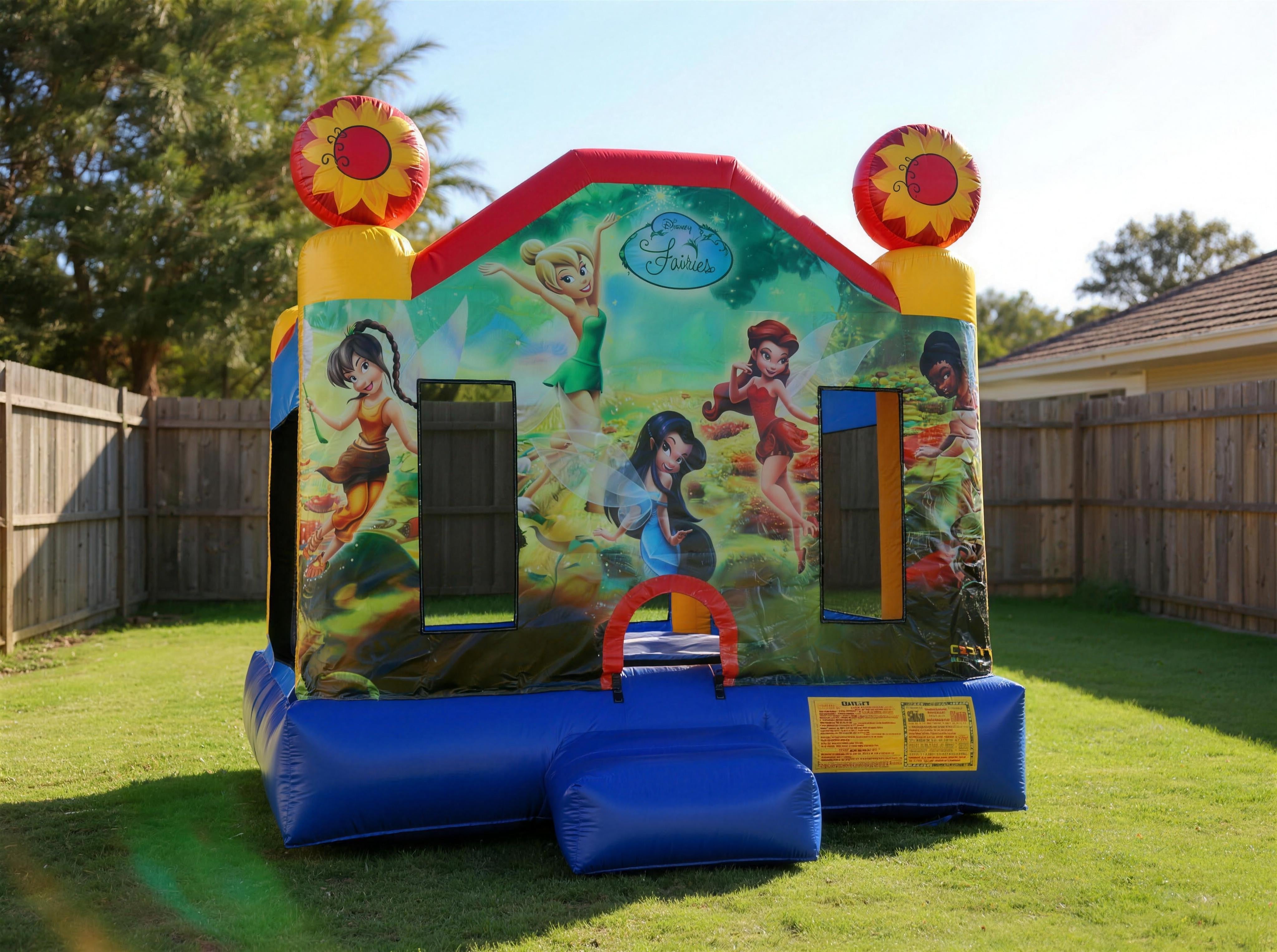 Tinkerbell Jumping Castle straight-on front face wide view showing full Disney Fairies panel