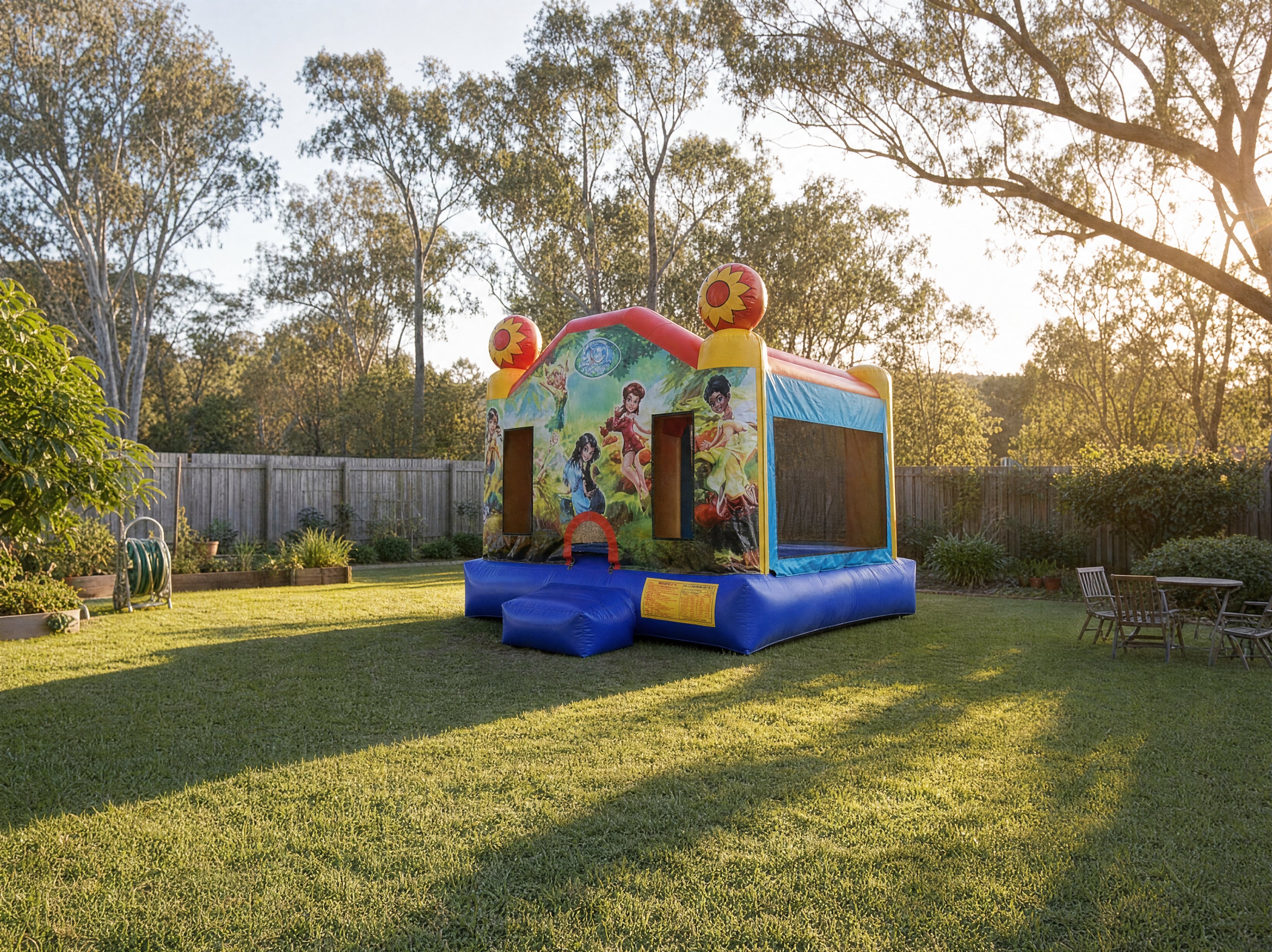 Tinkerbell Jumping Castle set up in a large Australian backyard showing true size