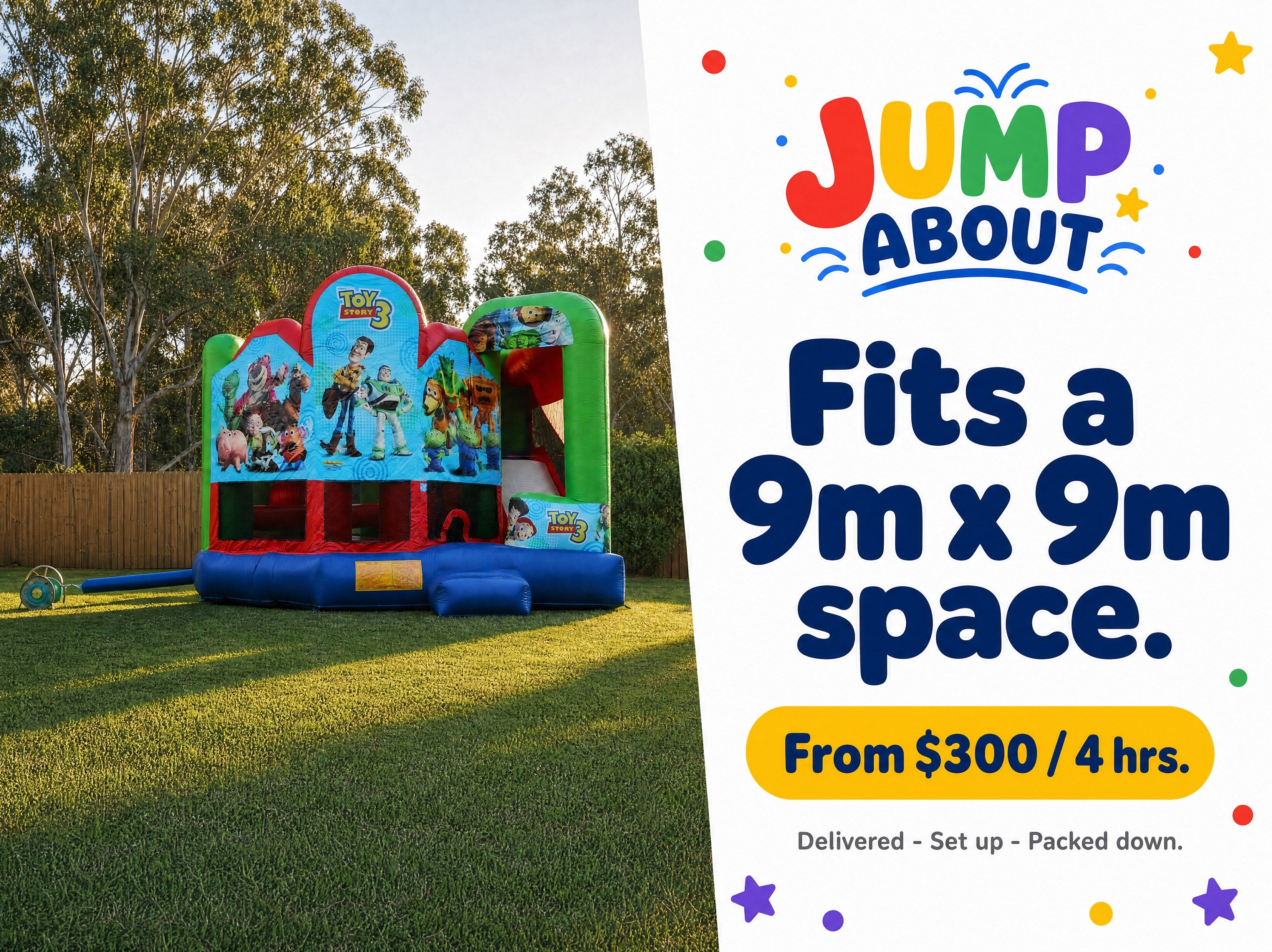 Toy Story 5in1 Combo Castle Hire, fits a 9m x 9m space, from $300 for 4 hours