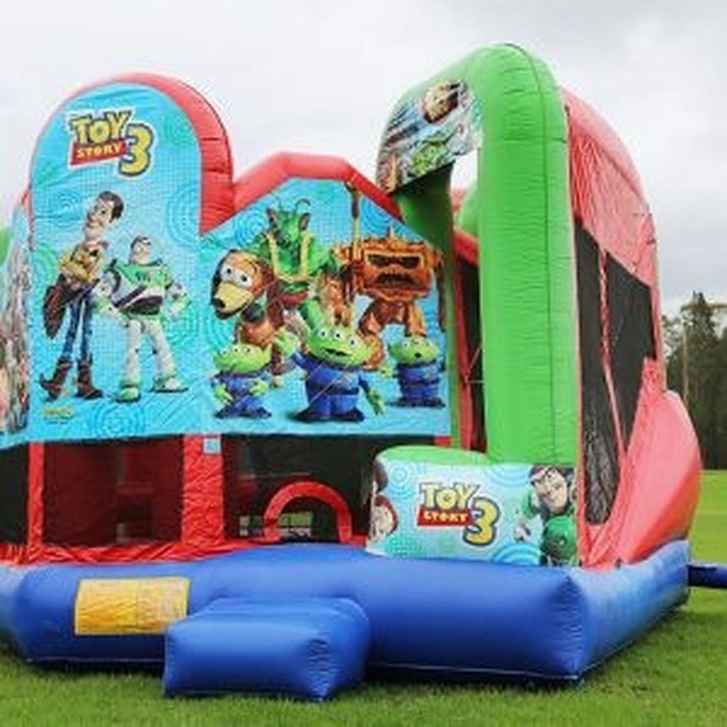 Toy Story 5in1 Combo Castle Hire, front three-quarter angle in a backyard setting