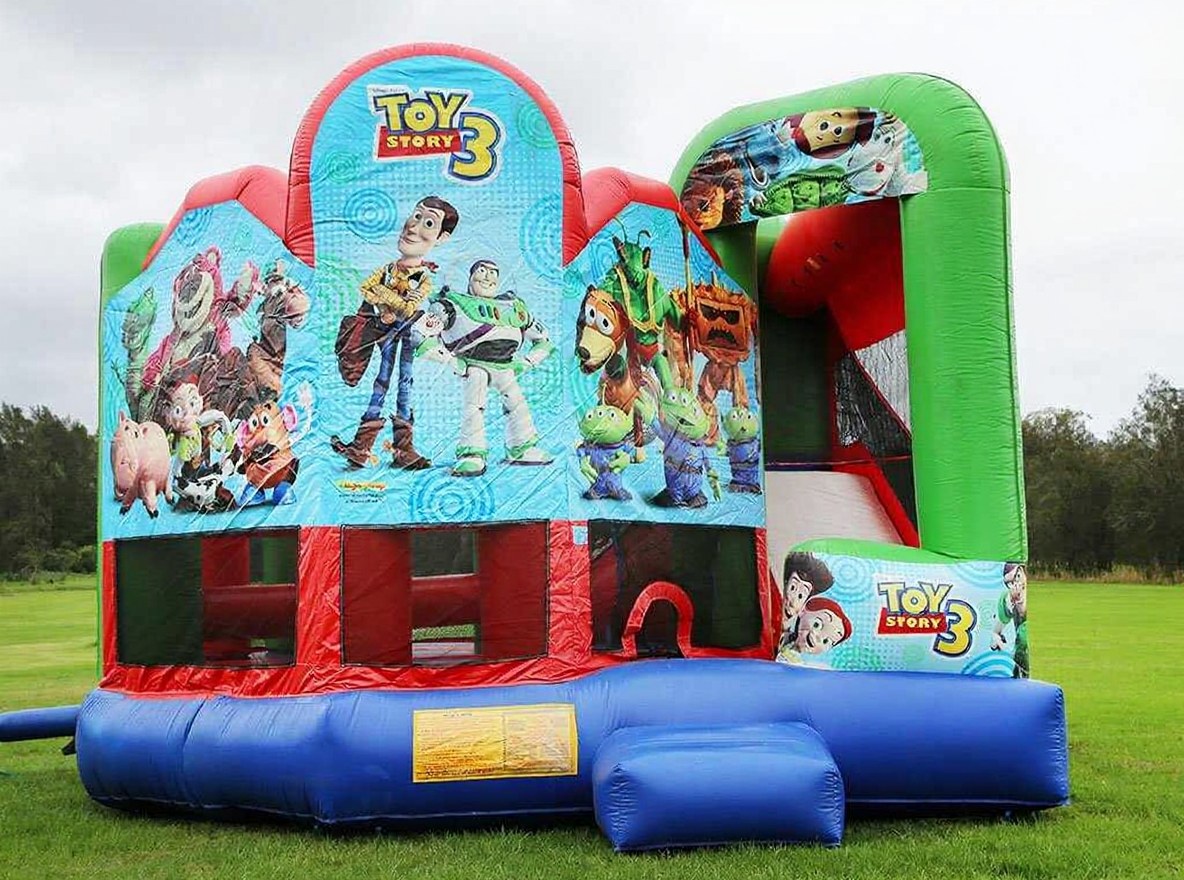 Toy Story 5in1 Combo Castle Hire, front three-quarter view showing Woody, Buzz Lightyear and the Toy Story 3 cast
