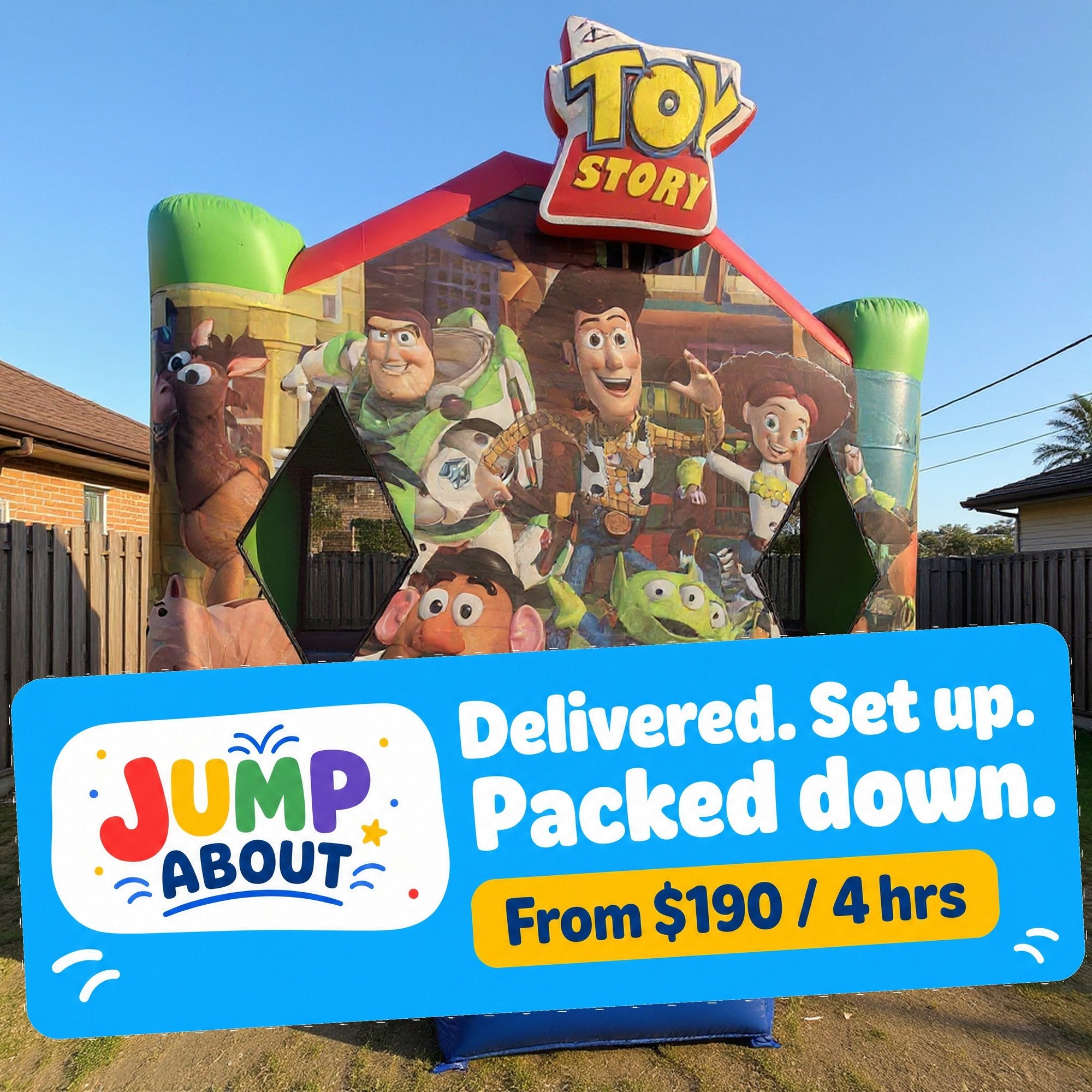 Toy Story Jumping Castle Hire pricing and delivery card, from $190 for 4 hours, Jump About