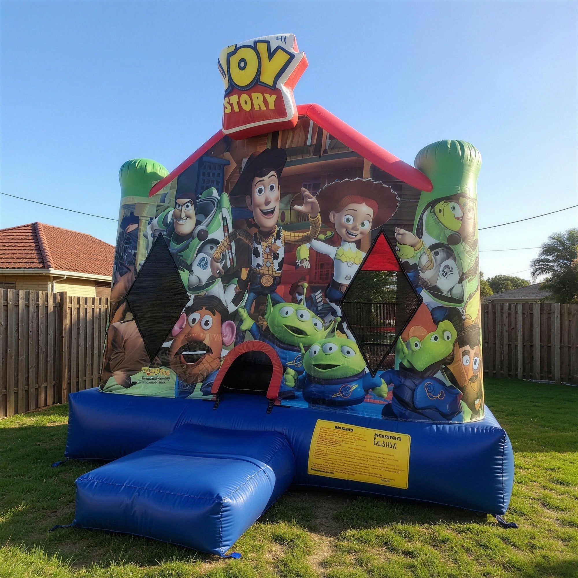 Toy Story Jumping Castle Hire close angled view of Woody and Jessie, Jump About