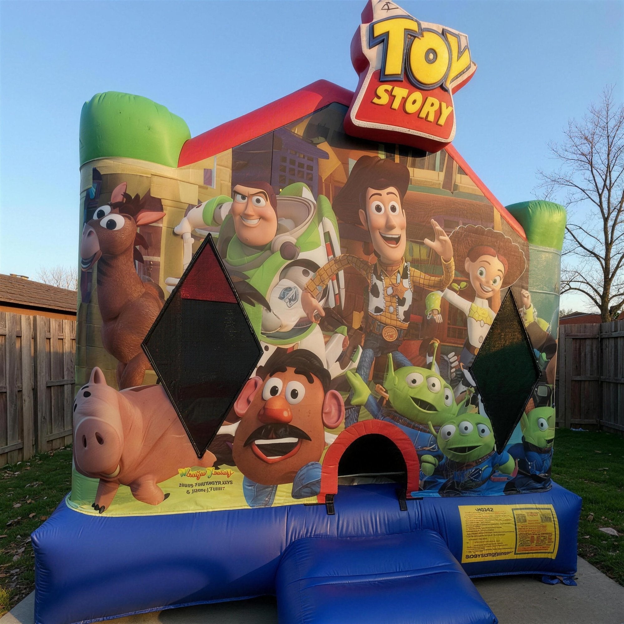 Toy Story Jumping Castle Hire hero shot with Toy Story logo, Jump About