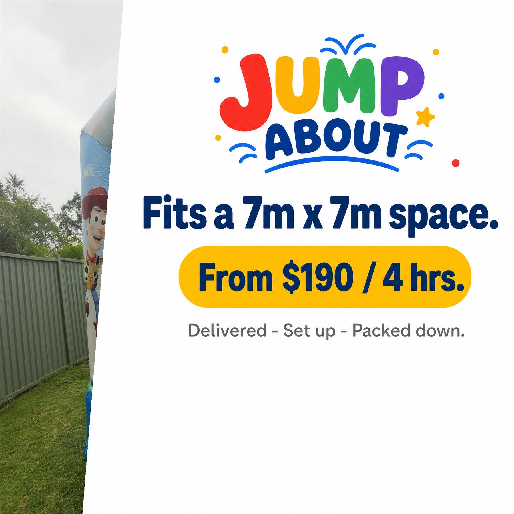Ad slide for Toy Story jumping castle showing space required and hire price