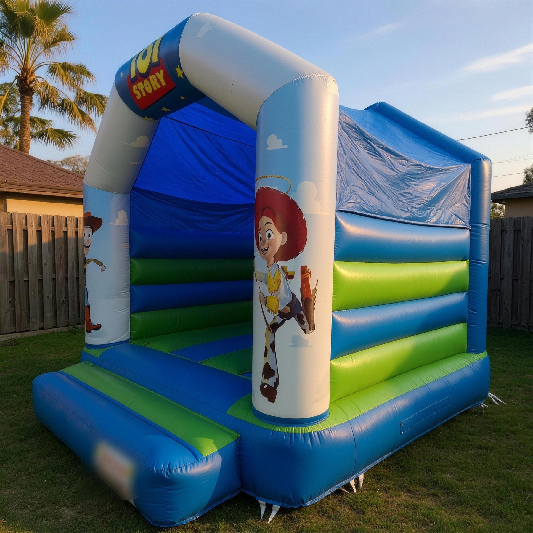 Toy Story jumping castle showing the printed Jessie character panel up close