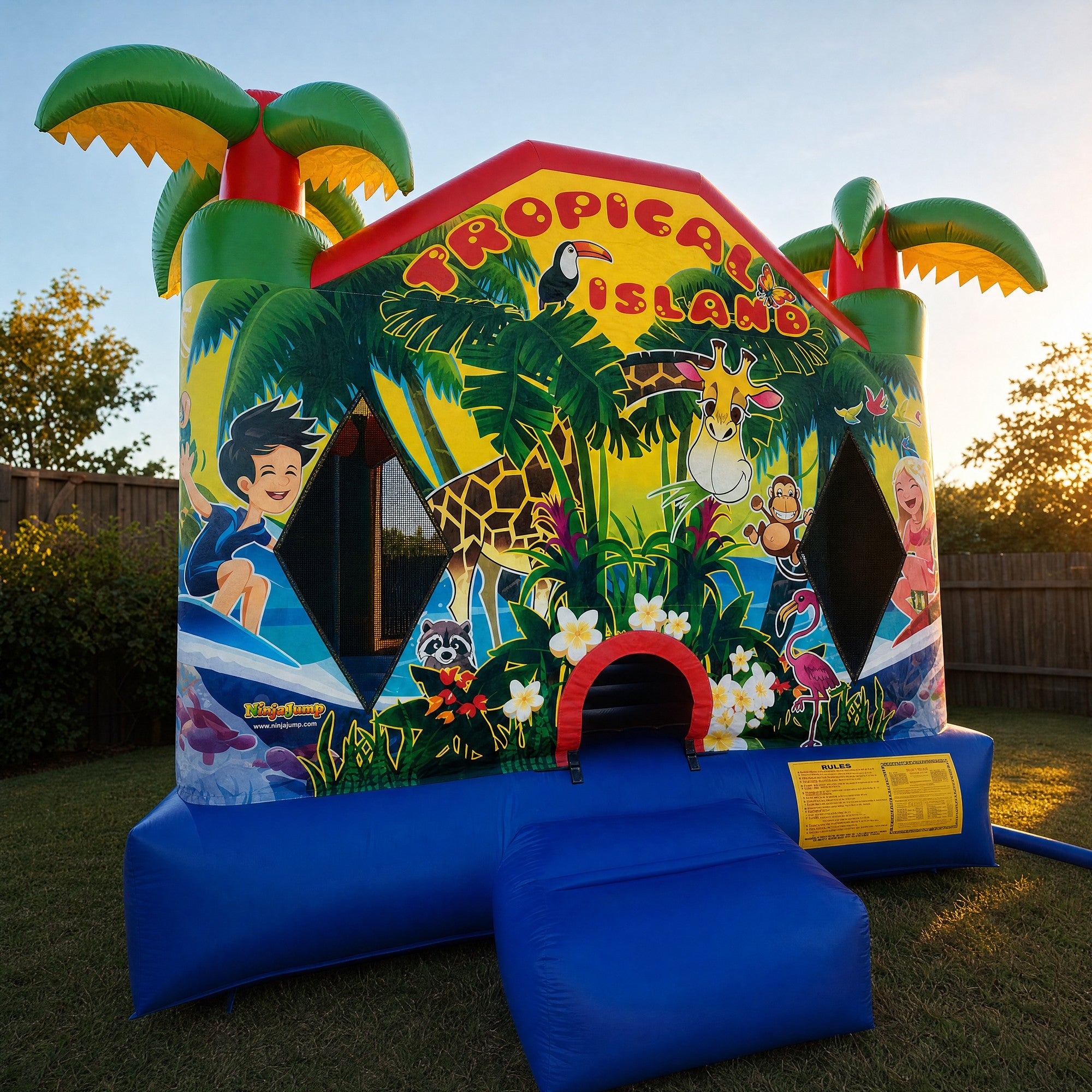 Tropical Island Jumping Castle entrance archway and landing mat detail