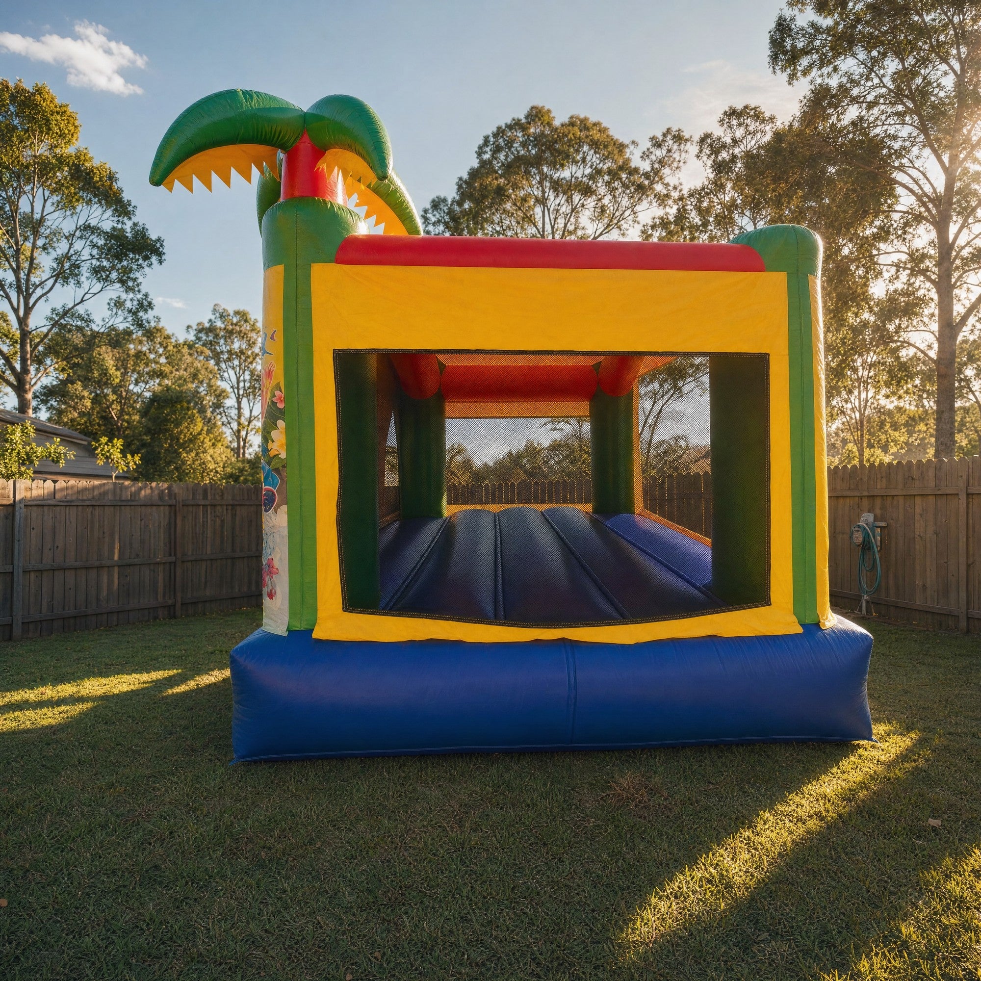 Tropical Island Jumping Castle in a full Central Coast backyard with timber fence