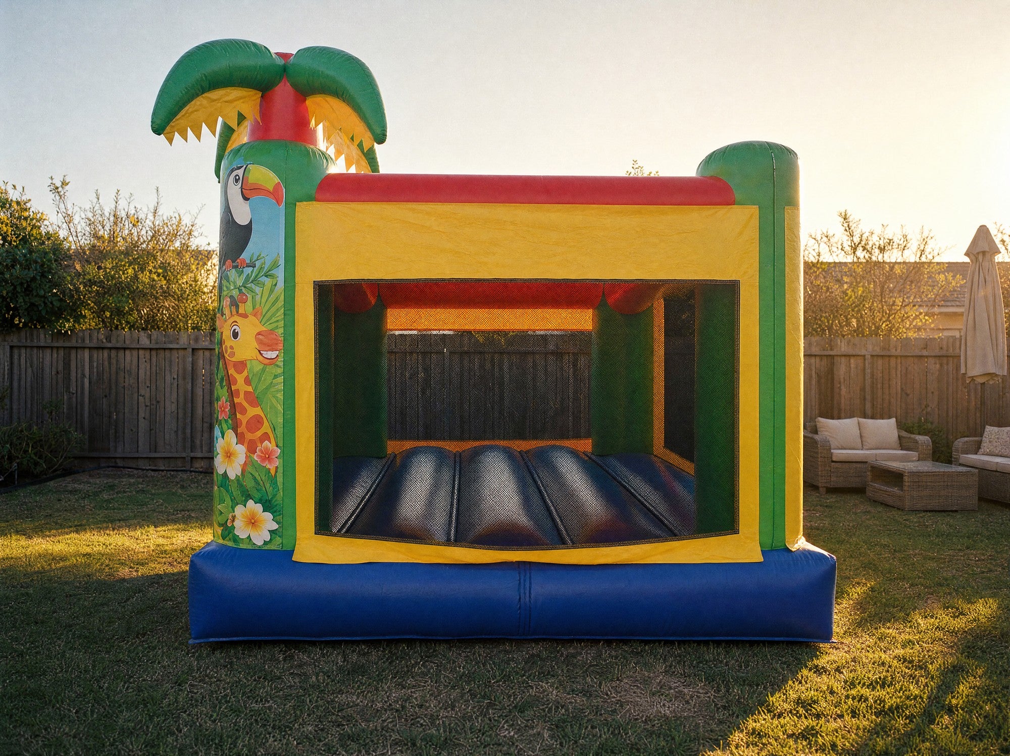 Tropical Island Jumping Castle entrance and artwork panel, Central Coast hire