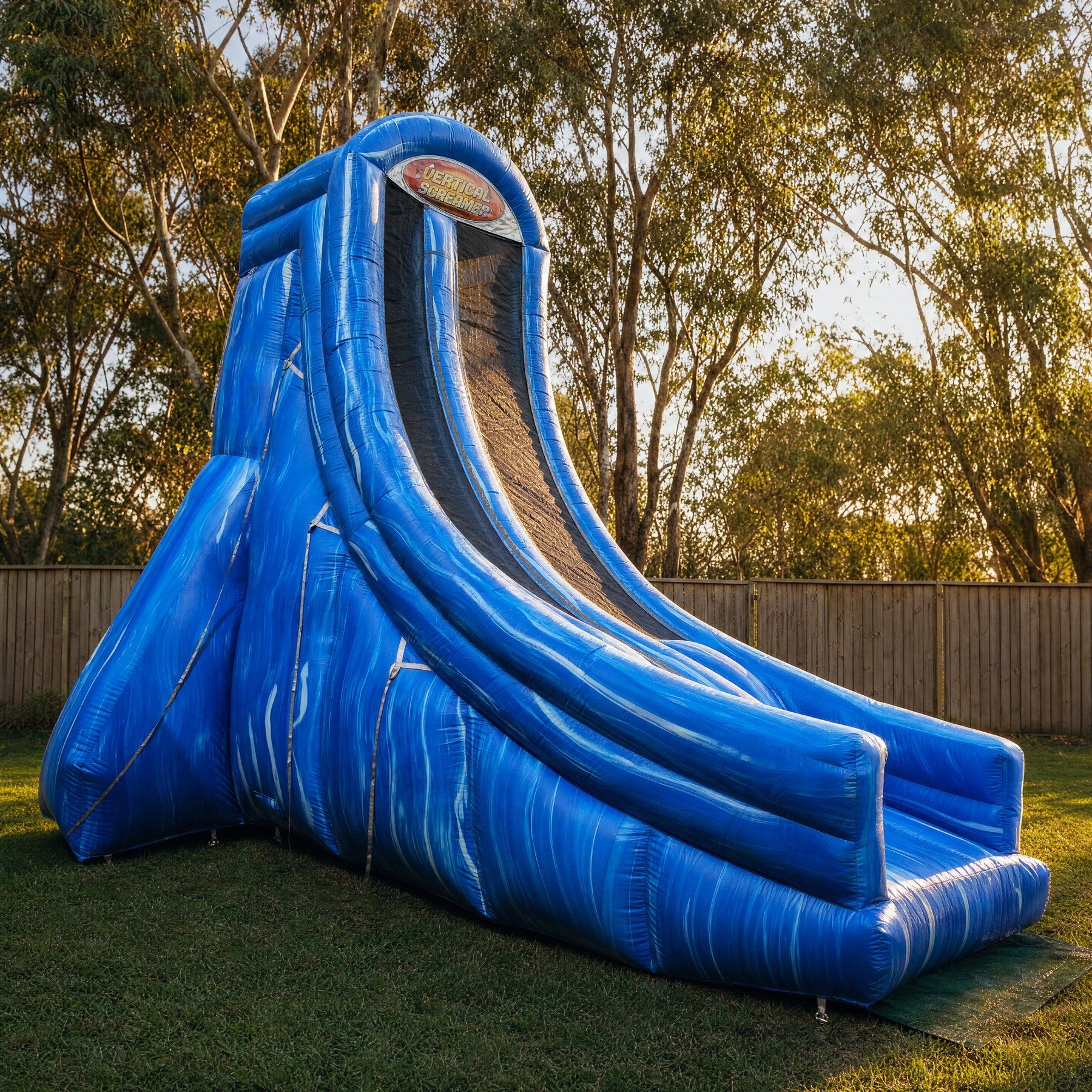 Vertical Screamer Water Slide side profile showing the tapered base and lane tubes