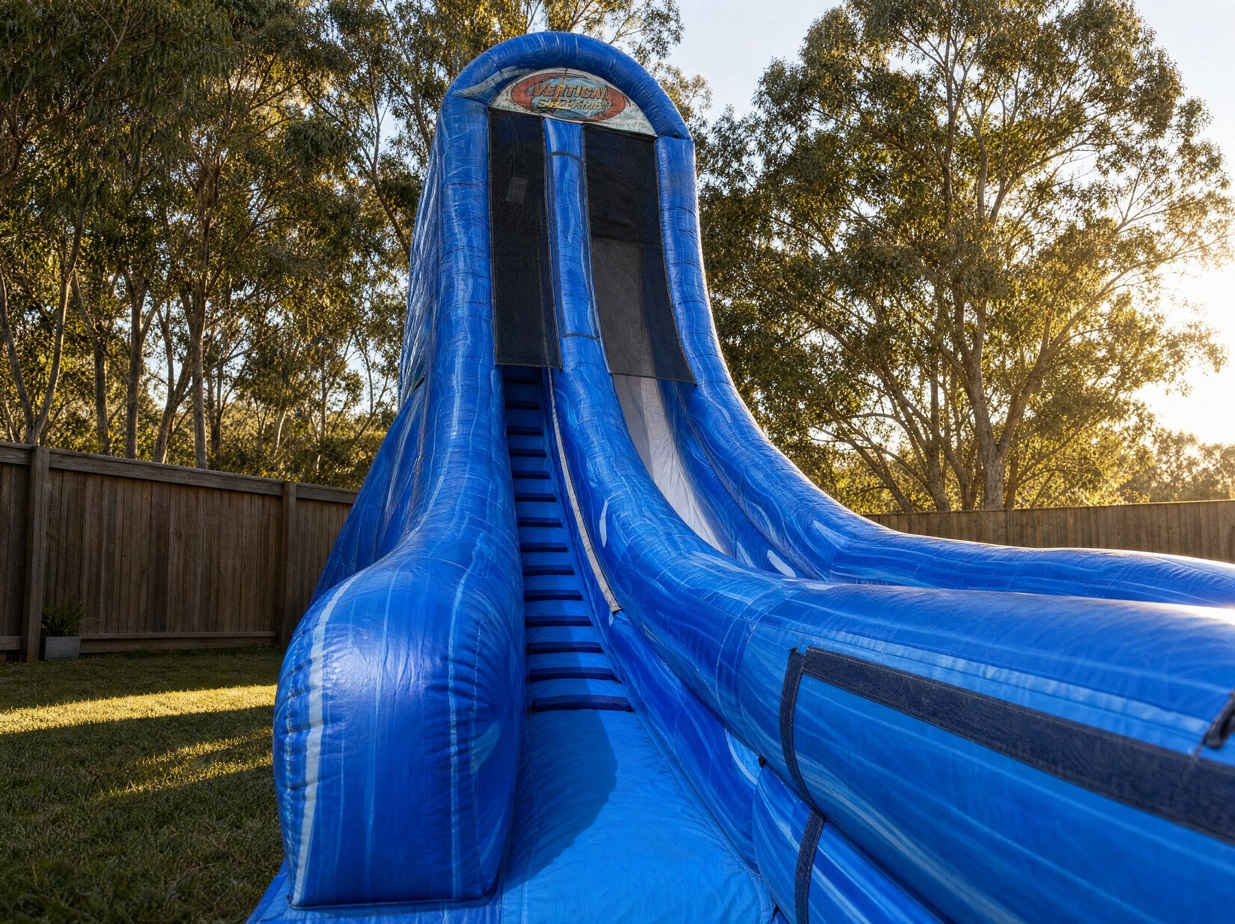 Vertical Screamer Water Slide climbing ladder and archway structure, wide view