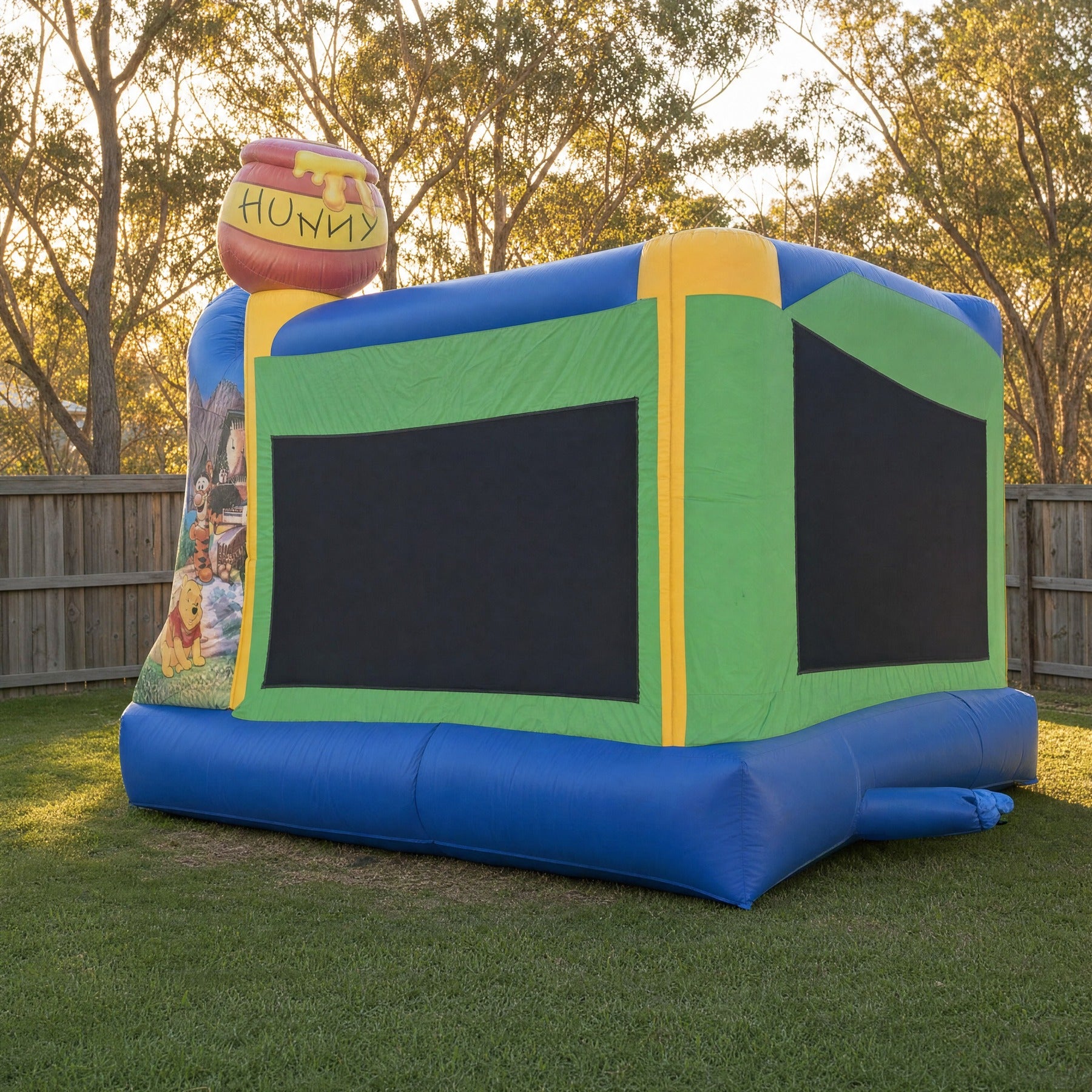 Winnie the Pooh jumping castle set up in a backyard on the Central Coast