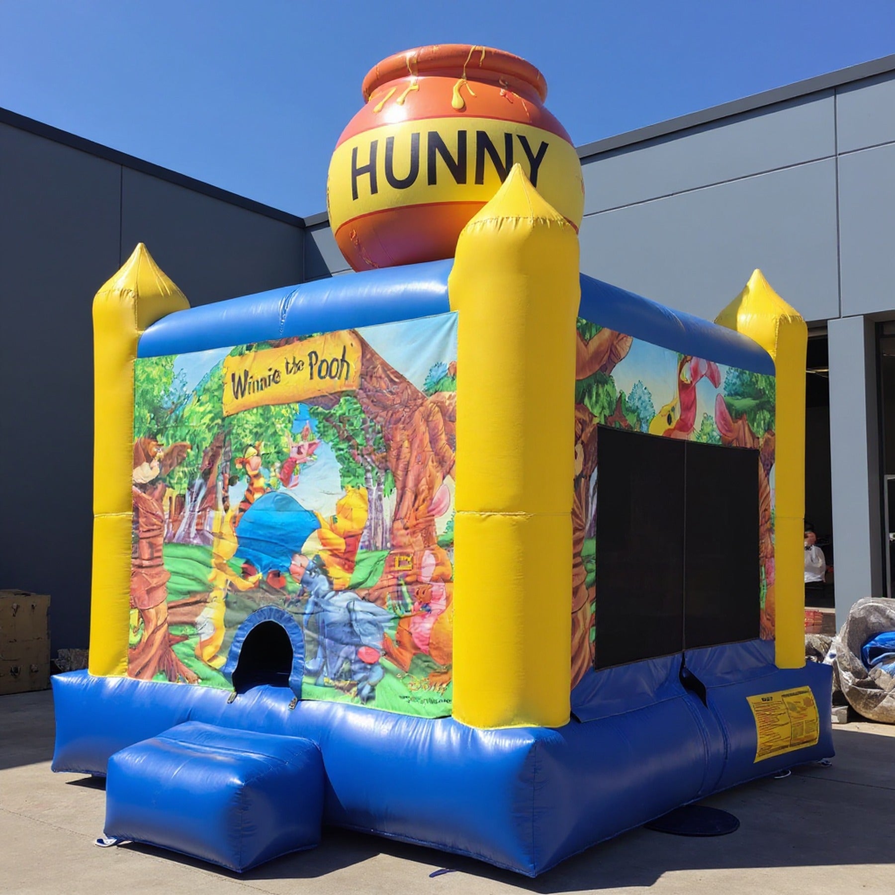 Wide scale view of the Winnie the Pooh jumping castle in a yard