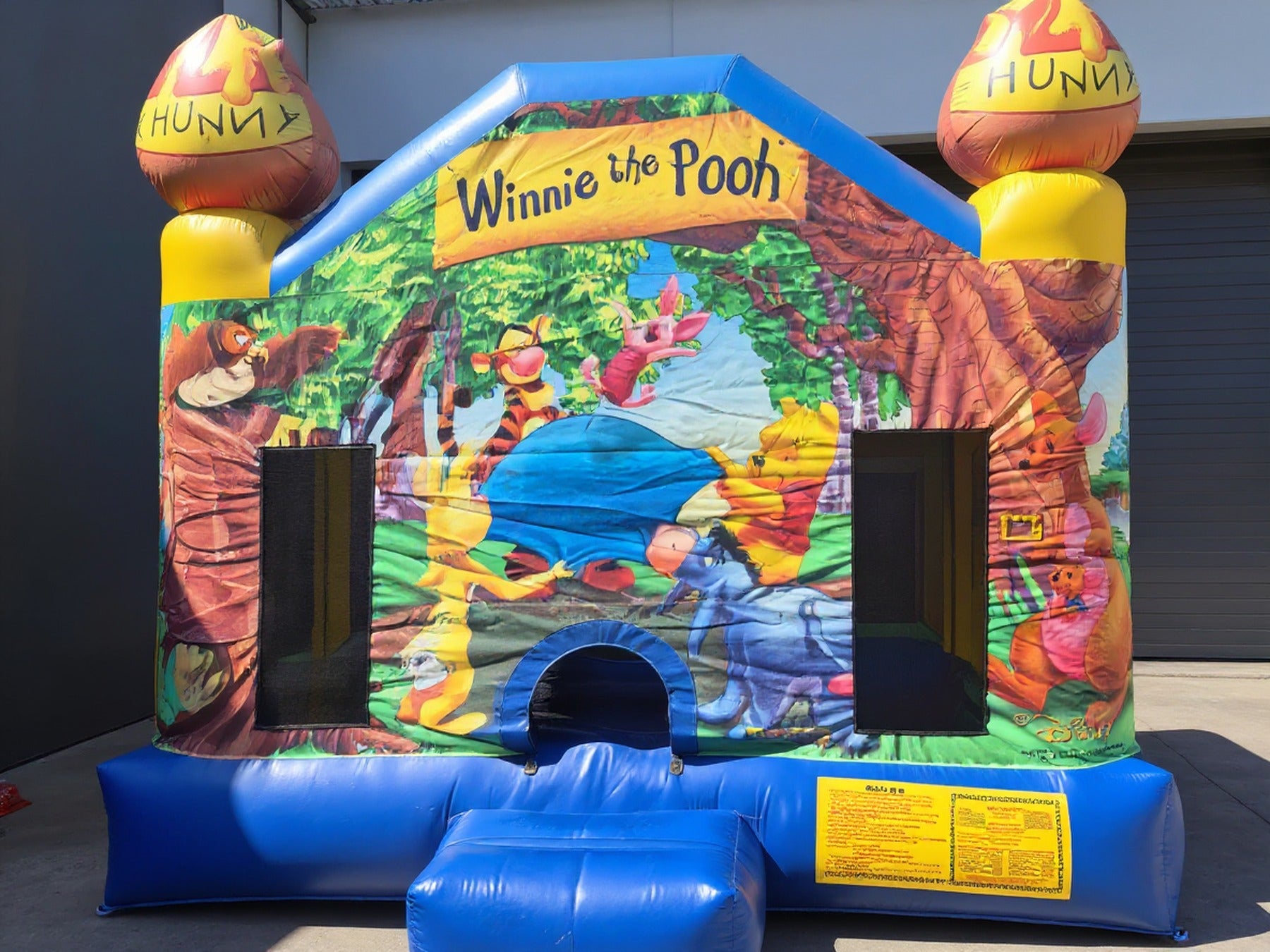 Straight on wide view of the Winnie the Pooh jumping castle mural