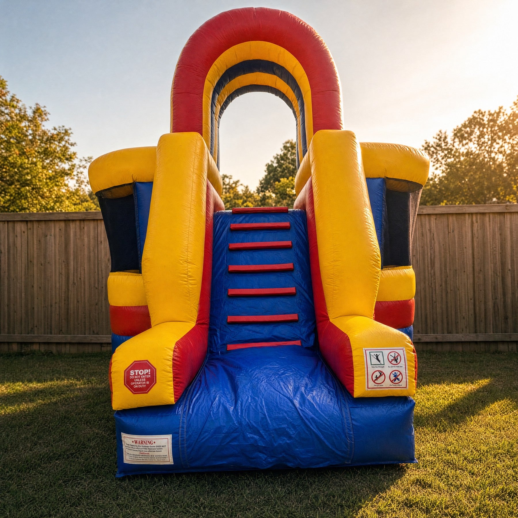 Straight on front view of the Wipe Out Inflatable ladder entrance and arch