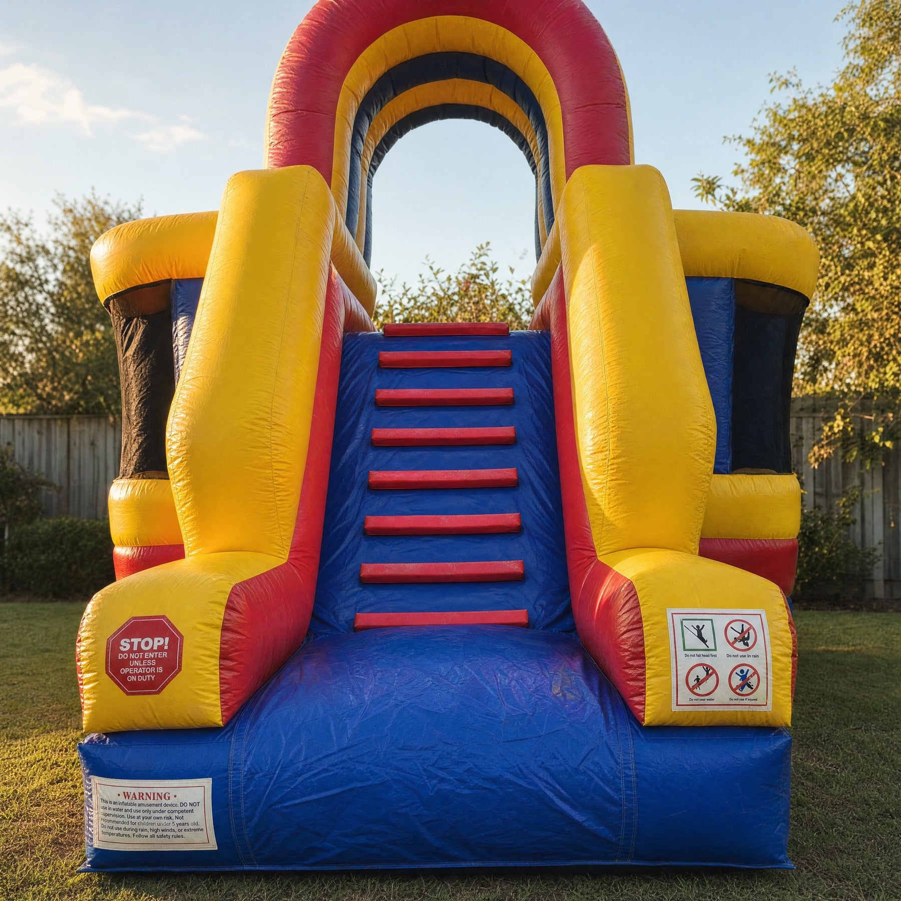 Close detail of the Wipe Out Inflatable padded ladder and STOP sign