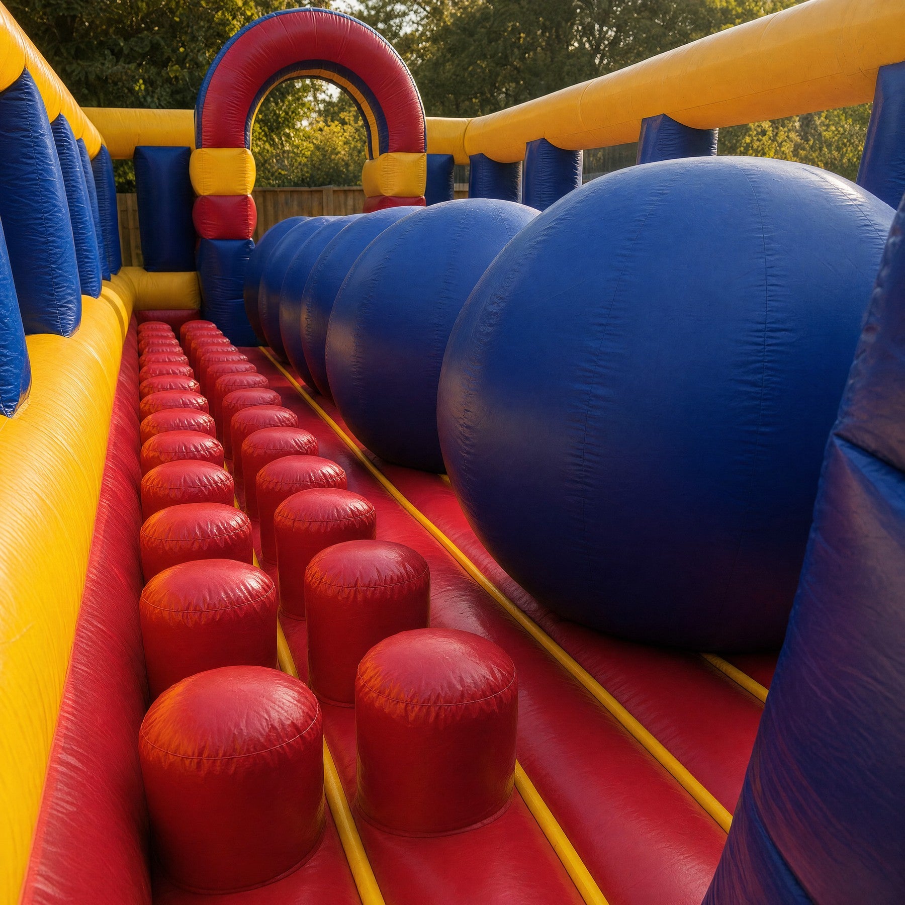 Red padded bollards inside the Wipe Out Inflatable obstacle lane