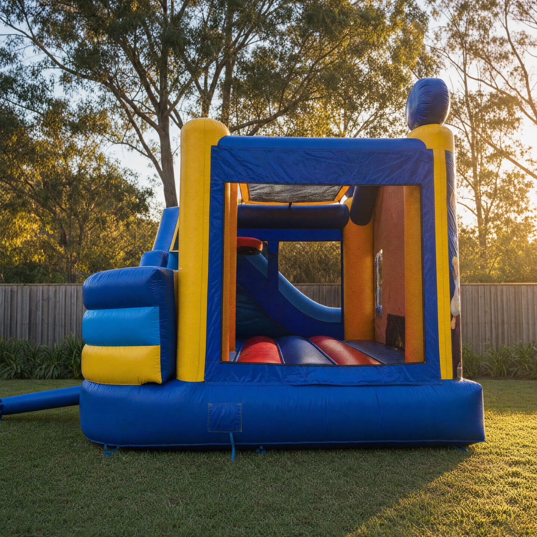 World of Disney C7 Combo jumping castle rear side profile showing the interior slide lane