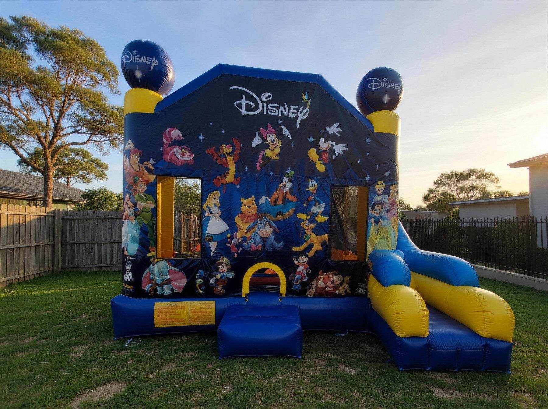 World of Disney C7 Combo jumping castle straight-on front view showing the full Disney character mural