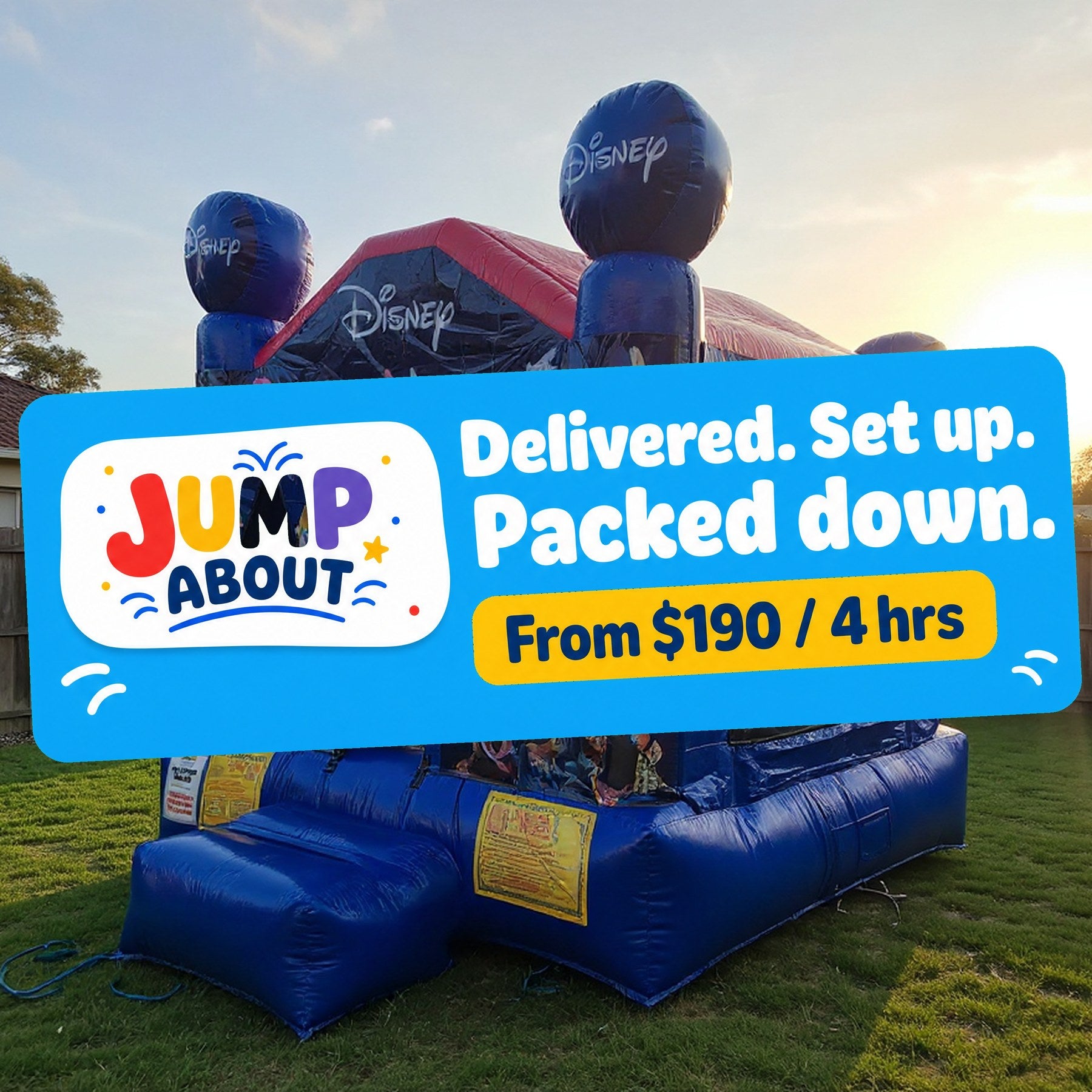 World of Disney jumping castle hire, delivered set up and packed down across the Central Coast