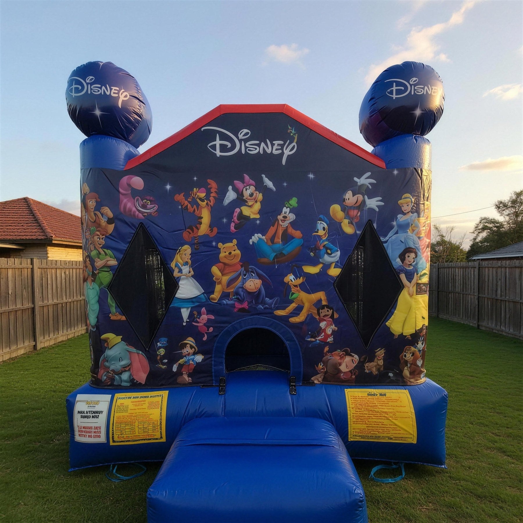 Straight-on front face of the World of Disney jumping castle showing the full character mural