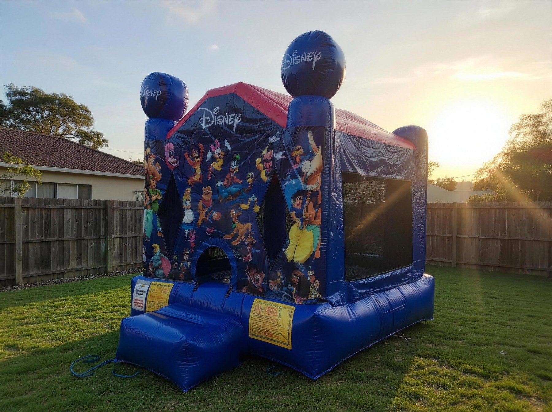 Angled front view of the World of Disney jumping castle showing Hercules and Peter Pan artwork